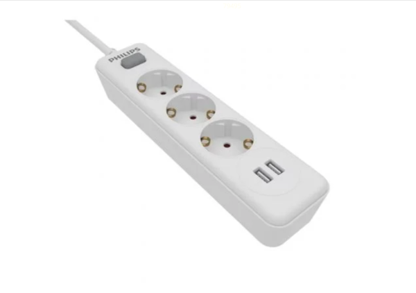 Regleta con Interruptor Philips SPN3032WA/10/ 3 Tomas de corriente/ 2 USB/ Cable 2m/ Blanca